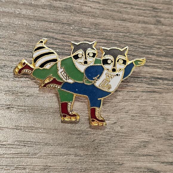 Vintage Jewelry - Vintage Cloisonne Enamel Olympic Ice Skating Racoons Brooch Pin 1979